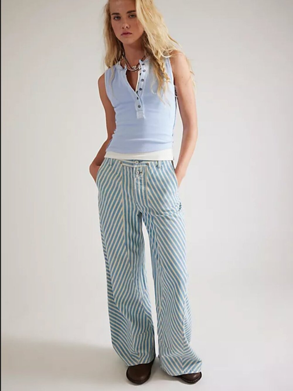 NWT Free People Runyon Blue Ivory Striped Cotton Wide Leg Pants Size 4